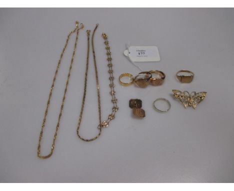 A collection of 9ct jewellery including three signet rings, two wedding rings, two chains, a brooch, half a pair of cufflinks