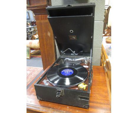 An American wall clock, a mantel clock and folding wind up gramophone (3)  