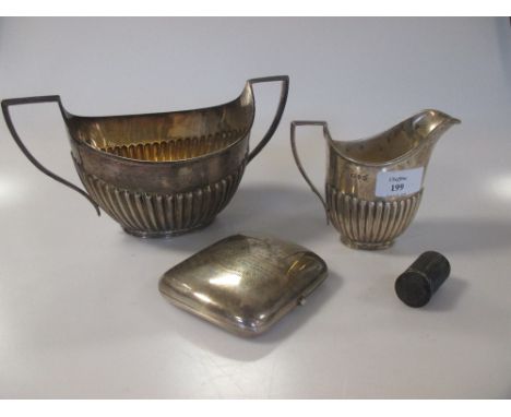 A silver cigarette case, cream jug & sugar basin, 15oz  