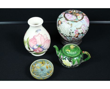 MOORCROFT ETC - four items to include Moorcoft vase with Magnolia design with silver paper label (19cm - 7 1/2"), A Royal Dou