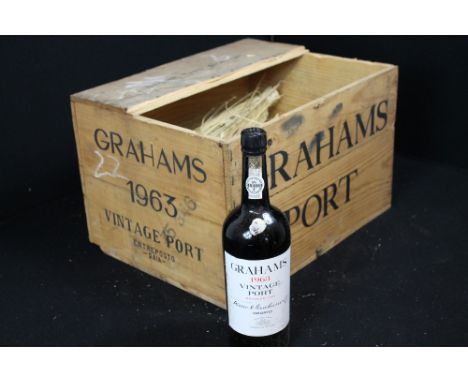 VINTAGE PORT - six bottles of 1963 Grahams port, evidence of seepage from one bottle.
