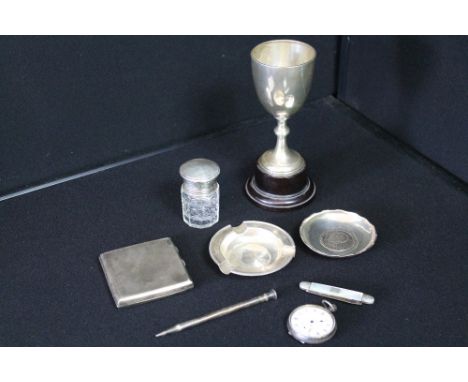 SILVER - A mixed lot to include a silver fruit knife, silver cigarette case (117.3g), silver cup (85.2g), silver topped scent