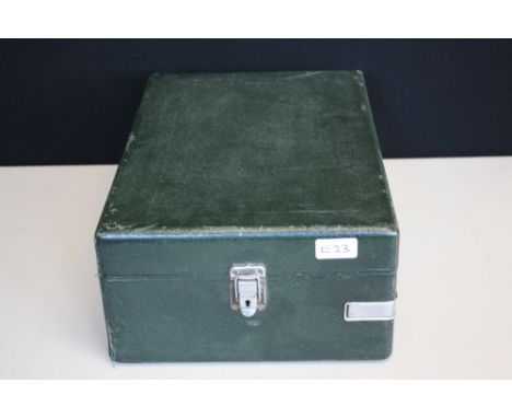 RECORD PLAYER - a His Master's Voice V101'P' portable record player. Green with slight wear.