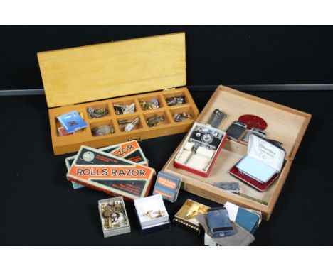 GENTLEMAN'S COLLECTION - a collection of miscellaneous items to include a storage box with a hook latch, filled with badges, 