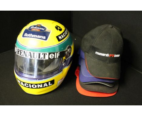 AYRTON SENNA REPLICA HELMET AND BASEBALL CAPS - a replica full sized Aryton Senna helmet collection of baseball caps x6 to in