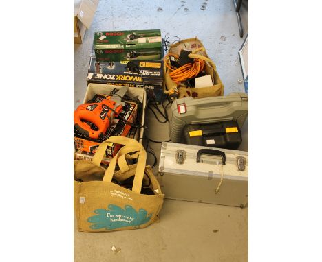ELECTRICAL TOOLS - A selection of unused and used electrical tools to include Bosch handgrinder, Mac Allister sander Workzone