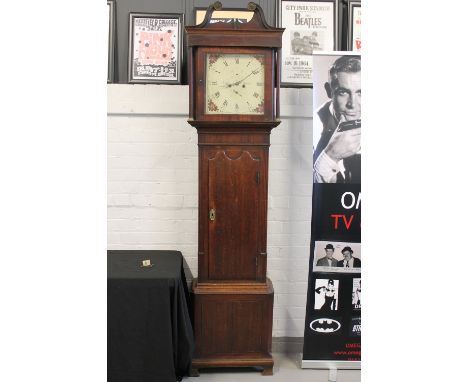 GRANDFATHER CLOCK - late 18th century oak and mahogany longcase clock made Leigh of Newton.  14" painted and signed dial (14¼