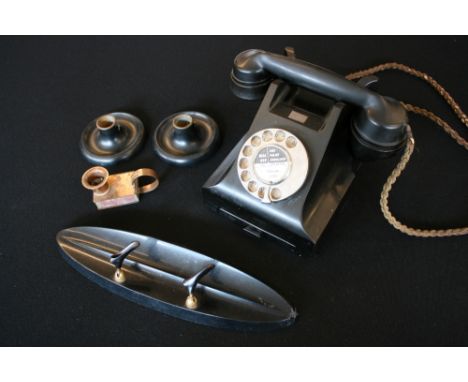 BAKELITE PHONE AND CANDLE HOLDERS - Bakelite items x4 to include a black table phone model number 332F 2R, handset model 164 