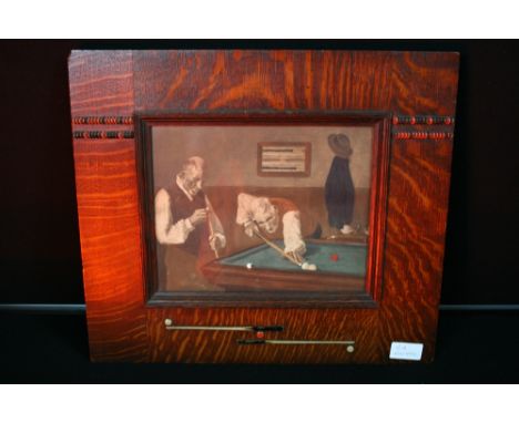 BILLARDS - An Edwardian framed print of two old boys taking a shot, framed in an oak frame adorned with Billiard detail of tw