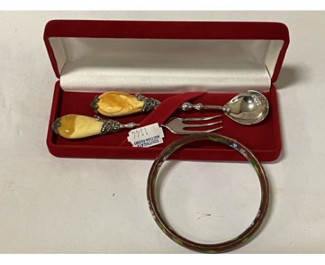 CASED SILVER SPOON &amp; FORK WITH CLOISONNE BANGLE