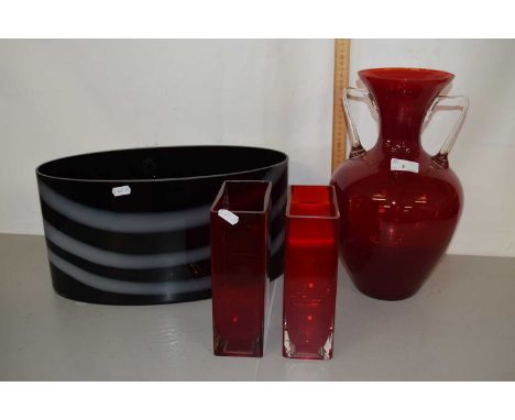 Two rectangular shaped ruby red glass vases together with a large amphora type glass vase, largest 35cm high together with an