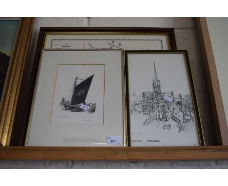 A print of a Wherry entitled The Albion signed lower right together with a further drawing of Norwich Cathedral and a wool wo