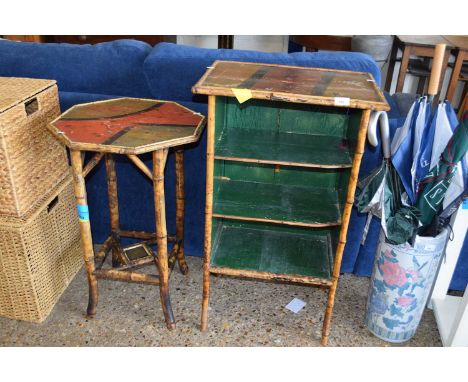 An Indonesian style small shelf unit with painted and bamboo decoration throughout together with a similar octagonal occasion