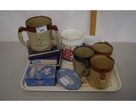 Tray containing a quantity of commemorative china and pottery tyg and Royal Worcester ramekins