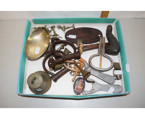 Tray containing a quantity of metal wares, bells, vintage pair of handcuffs etc