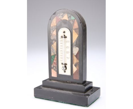 A VICTORIAN ASHFORD BLACK MARBLE AND PIETRA DURA DESK THERMOMETER,&nbsp;with arch-top and ivory scale.&nbsp;14.5cm