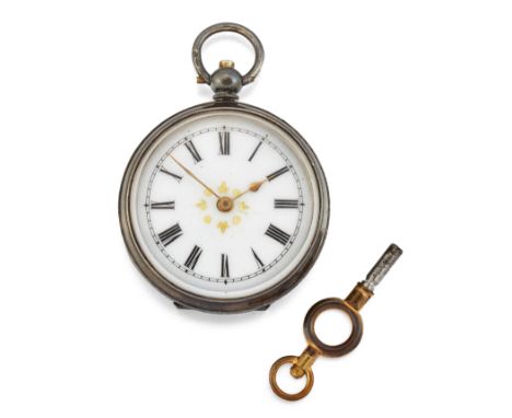 A LADY'S SILVER FOB WATCH, circular white enamel dial with black Roman index and outer minute track, gilt hands and floral de