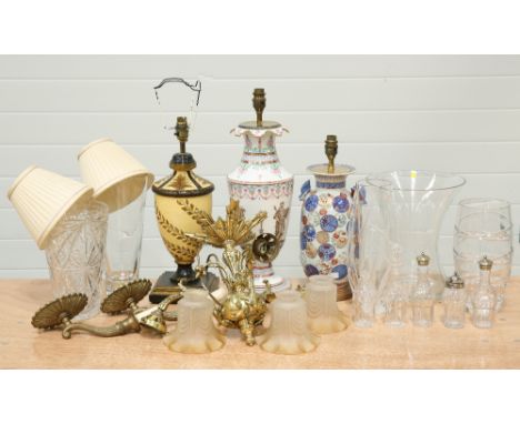 A GROUP OF TABLE LAMPS, VASES AND WALL LIGHTS, including a Continental painted porcelain table lamp, tole style vasiform lamp