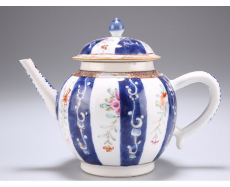 AN 18TH CENTURY CHINESE FAMILLE ROSE TEAPOT, enamelled with alternating floral and blue scroll bands, beneath a border of tre