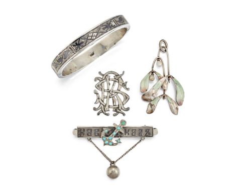 A RUSSIAN BAR BROOCH, with turquoise set anchor and 'KAVKAZ' in cyrillic, Russian 84 zolotniki mark, 6cm long; A RUSSIAN NIEL