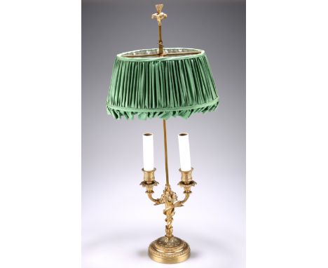 A 20TH CENTURY FRENCH ORMOLU BOUILLOTTE TWIN BRANCH ELECTRIC LAMP, with two reeded arms from a cornucopia stem, and having an