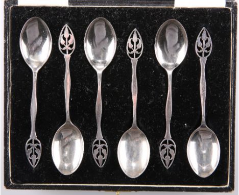 A SET OF SIX GEORGE V SILVER TEASPOONS,&nbsp;by Docker &amp; Burn Ltd, Birmingham 1928, in Art Nouveau style with foliate pie