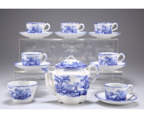 A LATE 19TH CENTURY BLUE TRANSFER-PRINTED DOLLS TEA SERVICE, comprising teapot, sugar bowl, six cups and saucers, decorated w