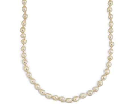 A CULTURED PEARL NECKLACE, the cultured pearls approx. 5.2 - 5.5mm diameter, individually knotted with clasp stamped '9k', 43