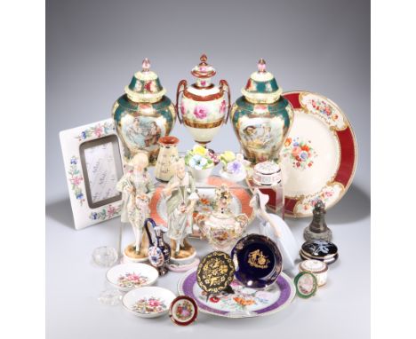 A COLLECTION OF CHINA, including two vases and covers; a pair of 19th century figures; a Lladro figure of a girl; etc (QTY)