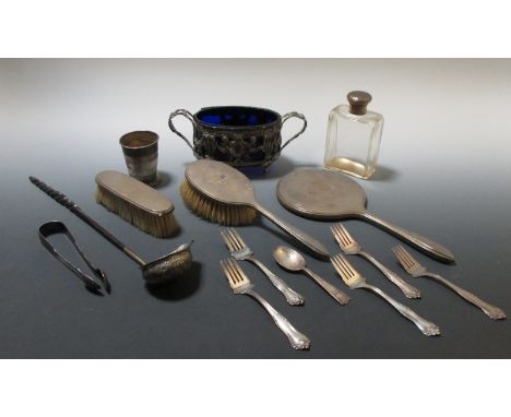 Silver, various: sterling picnic cup, 5 small forks and a spoon; silver capped glass bottle; damaged Continental glass lined 