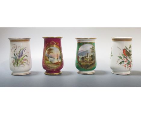 Attributed to Kerr and Binns, Worcester, a pair and two other spill vases, the pair painted with a robin and blue tit, one si