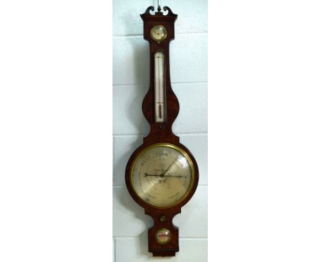 G. Volanterio, Doncaster, a 19th century figured mahogany wheel barometer, the swanneck pediment above four silvered dials 11