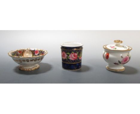 A pot and a cover attributed to Worcester, a Spode miniature bowl and a jarlet, the pot painted with flowers, 5cm diameter, t