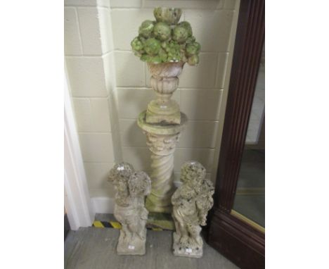 A composition garden pedestal with twist column and floral urn surmount, together with a pair of putti figures  