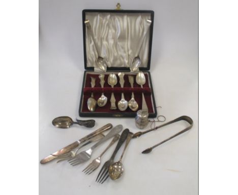 A pair of silver sugar tongs, a christening spoon, a silver tea infuser and a quantity of tea spoons, pickle fork and spoons 