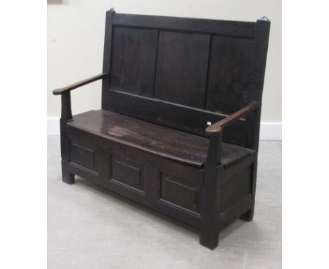 A 19th century oak panel back bench, 120cm wide  