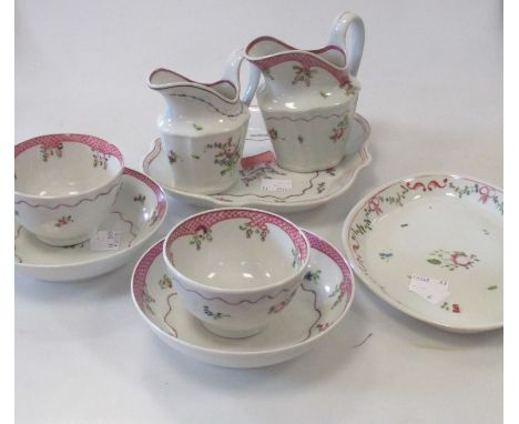 New Hall 208 and 173 pattern jugs, two teapot stands and a pair of tea bowls and saucers (8)  