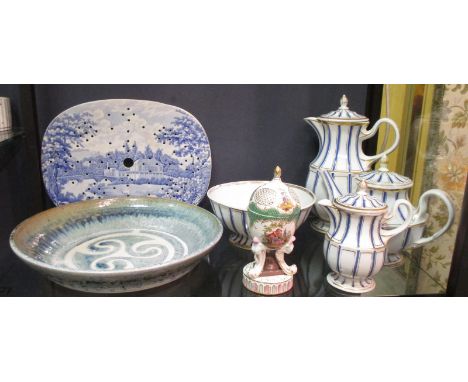 A KPM coffee pot, teapot, hotwater pot and bowl, a German oval shaped porcelain lidded pot pourri on scroll feet, and a moder