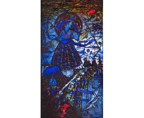 Harry Clarke RHA (1889-1931)Bluebeard's Last WifeMiniature stained glass panel in an inlaid mahogany, walnut and tortoishell 