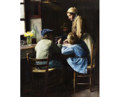 Katherine MacCausland (1859-1928)Serving Dinner Oil on canvas, 101.5 x 86.5cm, (40 x 34'') Signed and dated 1890Provenance: S