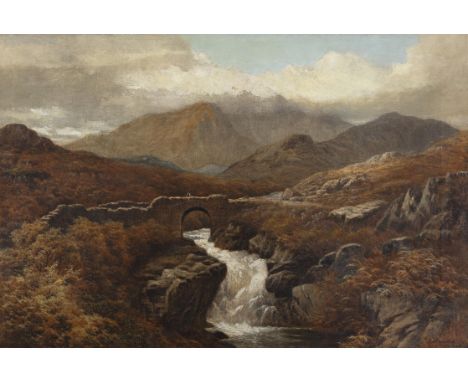 Robert Harwood (1830-1876)River Landscape with a Figure on a Bridge, Mountains BeyondOil on canvas, 61.5 x 91.5cm (24¼ x 36")
