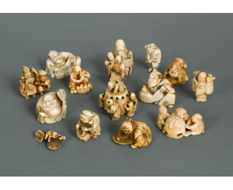 A group of 16 signed netsuke, Meiji and Showa period, mostly in ivory with various figural designs by different makers, large