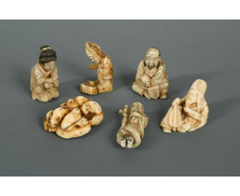 A collection of 5 netsuke and one okimono, first half 20th century, carved in ivory and bone, one formed as rats, three of th