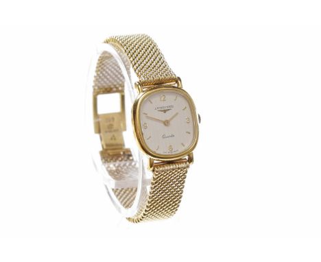 LADY'S LONGINES QUARTZ WRIST WATCH the striped white rounded rectangular dial with applied gold baton hour markers, the 19mm 