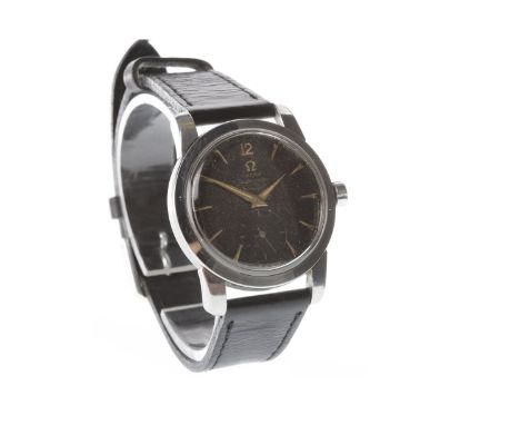 GENTLEMAN'S OMEGA SEAMASTER STAINLESS STEEL MANUAL WIND WRIST WATCH the round black dial with gold coloured arrowhead hour ma