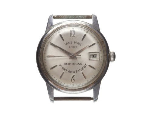 GENTLEMAN'S VIETNAM 1967 AMERICA'S FIRST AND FINEST MANUAL WIND WRIST WATCH the round silver coloured dial with appled stainl