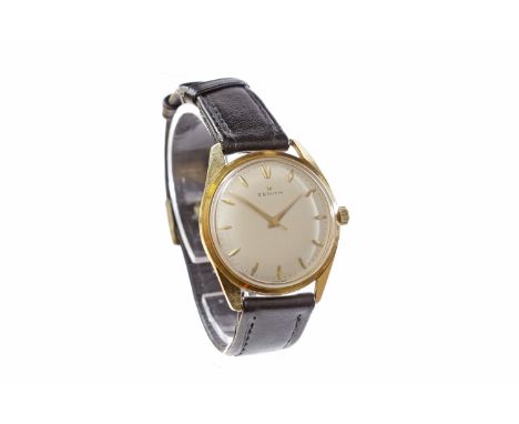 GENTLEMAN'S ZENITH MANUAL WIND WRIST WATCH  the round silvered dial with applied gold hour markers, outer seconds track in bl