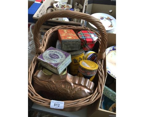 Vintage wicker basket, tins etc 
