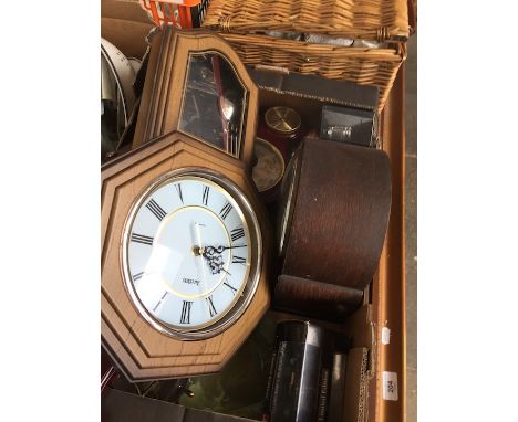 A box of assorted items including clocks, barometer, cutlery etc 