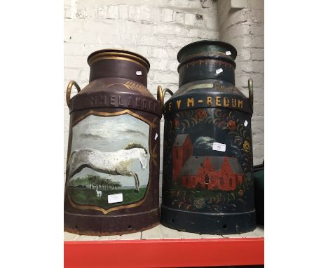2 vintage milk churns, painted in Tyrol style - one possibly Dutch and other Austrian. 
